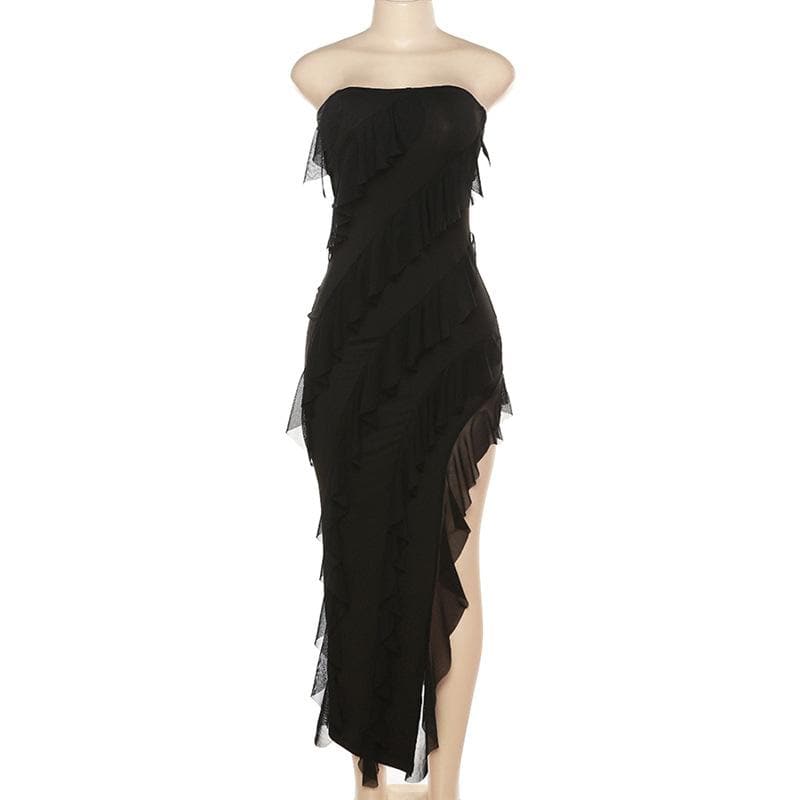 Strapless Tube Diagonal Ruffle Tier High Low Slit Maxi Dress 4