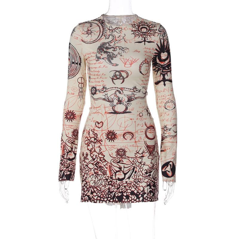 Crew Neck Bell Cuff Mystical Tapestry Print Bodycon Mini Dress 8