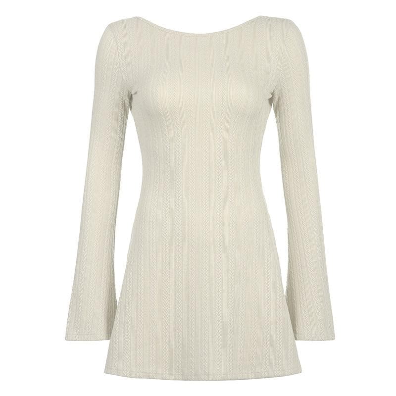 Boat Neck Textured Knit Long Sleeve Bodycon Mini Dress 5