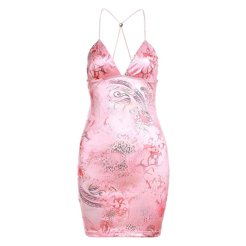 Deep V Dragon Print Cross Back Spaghetti Strap Bodycon Mini Dress