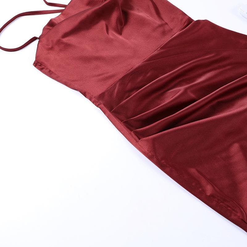 One-Shoulder Double Strap Ruched Satin Side Slit Maxi Gown 5