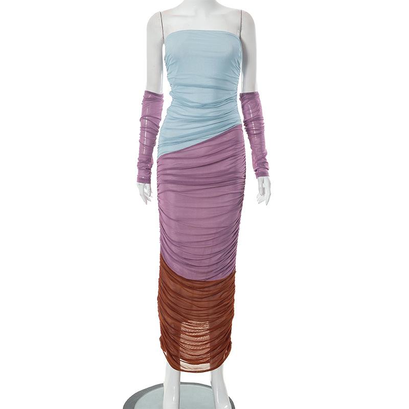 Off Shoulder Color Block Ruched Mesh Maxi Dress 8