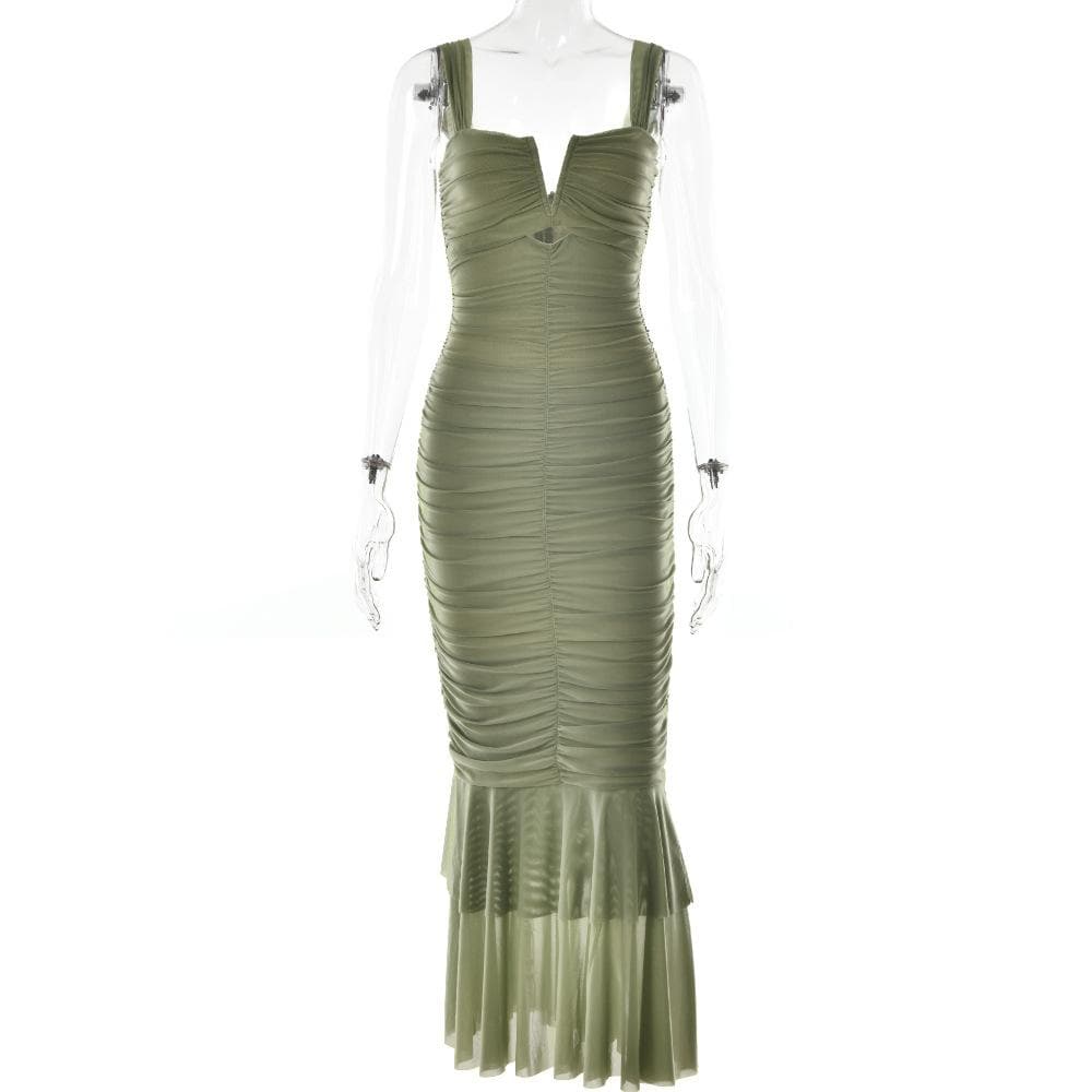Wide Strap Cutout Bust Ruched Bodice Tiered Mesh Ruffle Hem Maxi Dress 6