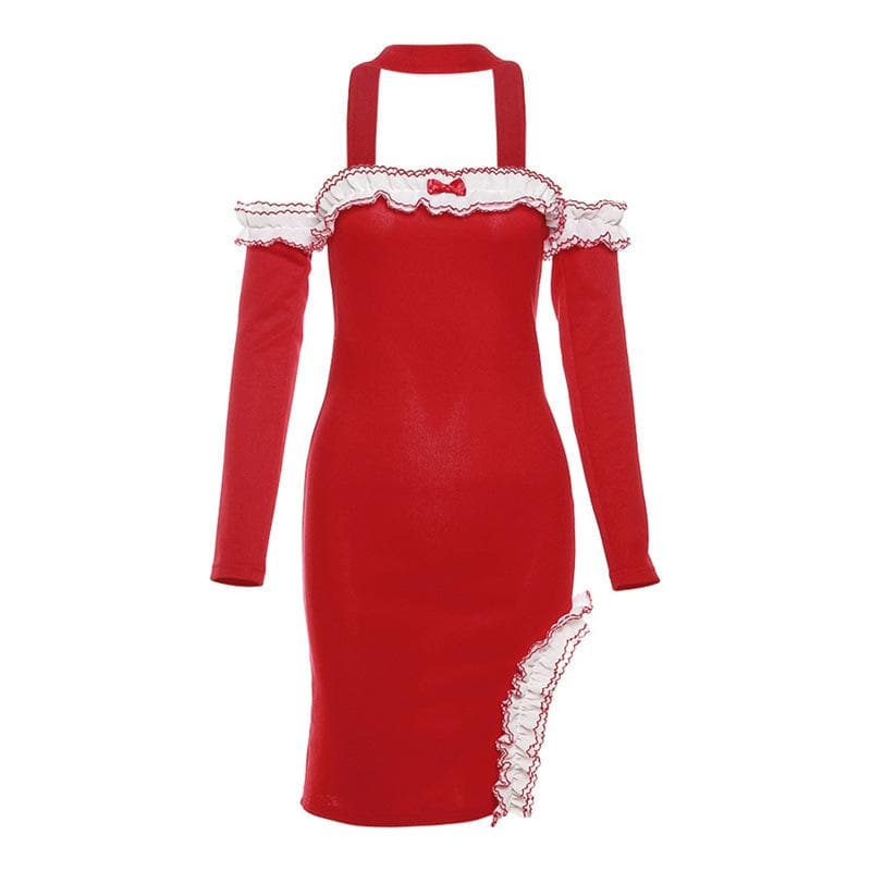 Ruffle Trim Tube Halter Glove Sleeve Irregular Slit Mini Dress 2