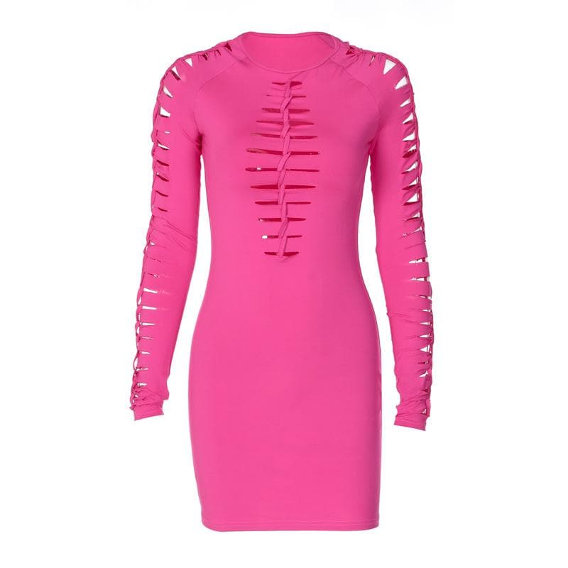 Crew Neck Ladder Hollow Out Long Sleeve Bodycon Mini Dress