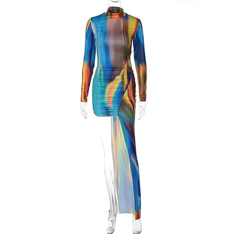 Mock Neck Long Sleeve Aurora Print Ruched Asymmetric Maxi Dress 2