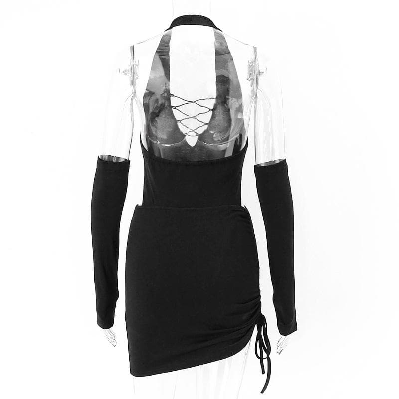 Halter Lace Up Chest Drawstring Side Ruched Arm Warmer Mini Dress Set 5