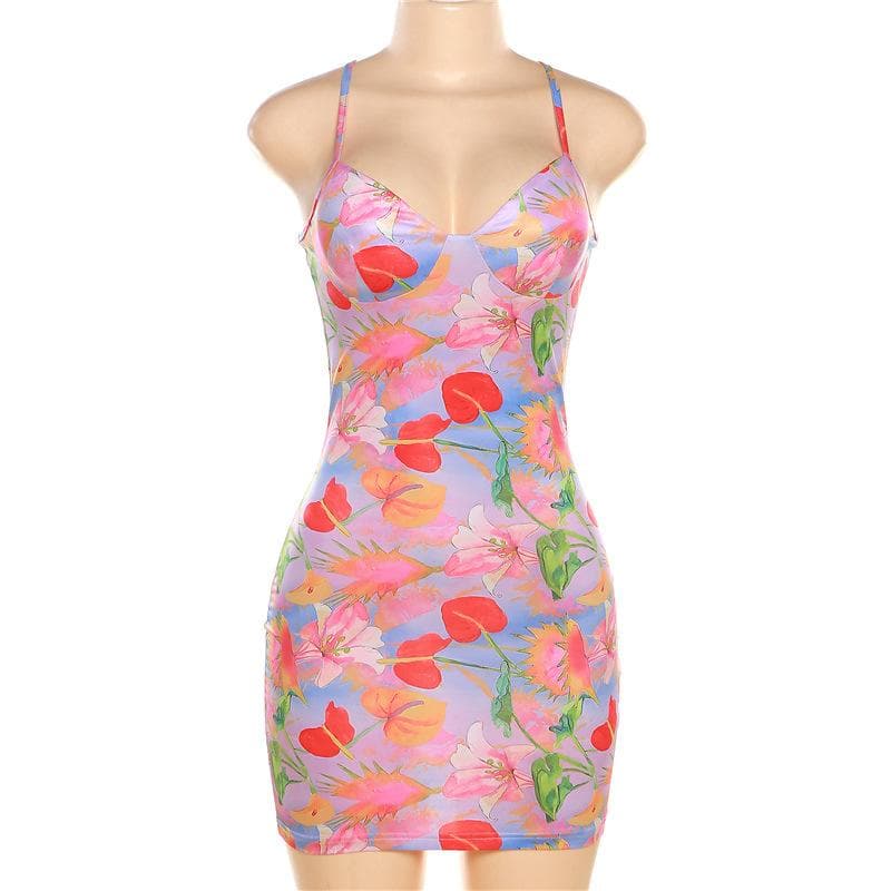 Sweetheart Neck Spaghetti Strap Floral Print Bodycon Mini Dress 8
