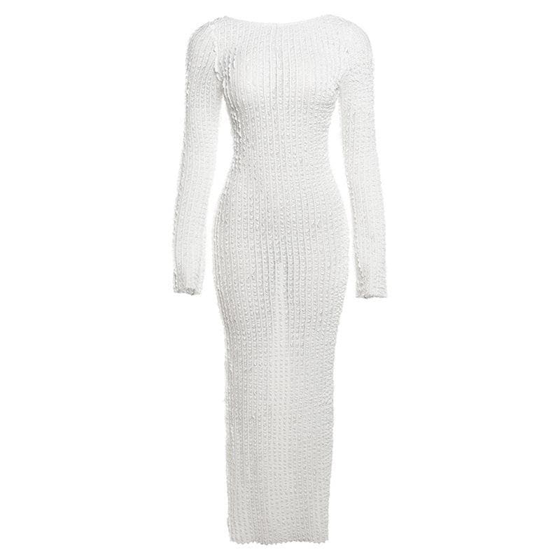 Crew Neck Long Sleeve Popcorn Knit Bodycon Maxi Dress