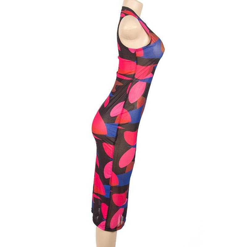 Round Neck Sleeveless Abstract Geometric Print Bodycon Midi Dress 7