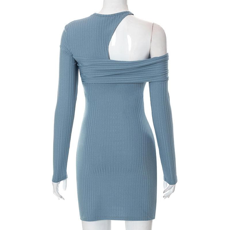 Asymmetrical Cutout Rib Knit Off Shoulder Long Sleeve Mini Dress 5