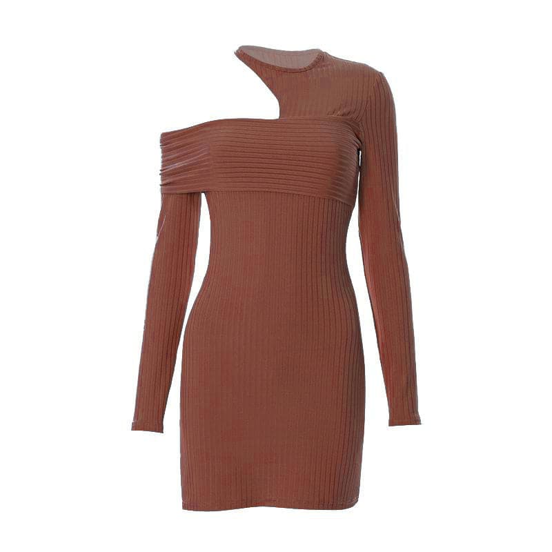 Asymmetrical Cutout Rib Knit Off Shoulder Long Sleeve Mini Dress 8