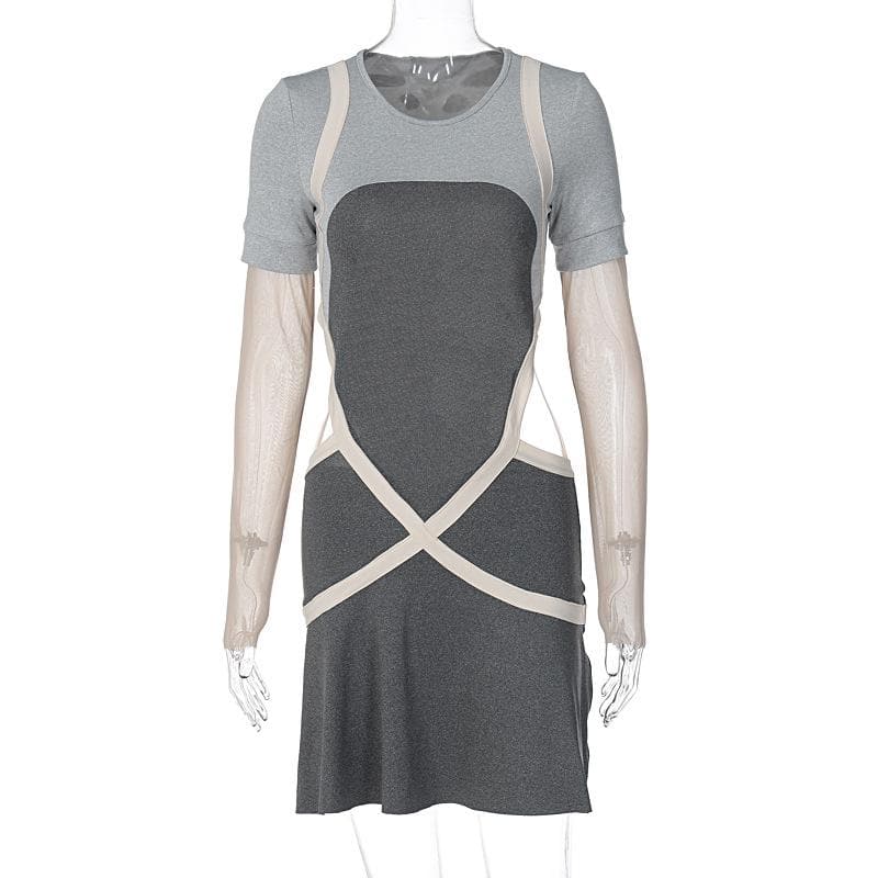 Mesh Long Sleeve Contrast Cross Front Hollow Out Mini Dress 2