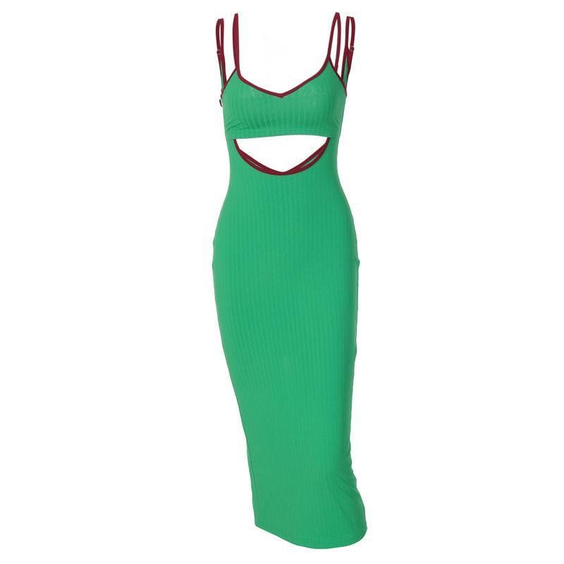 Rib Knit Scoop Neck Double Strap Contrast Trim Hollow Out Midi Dress 2