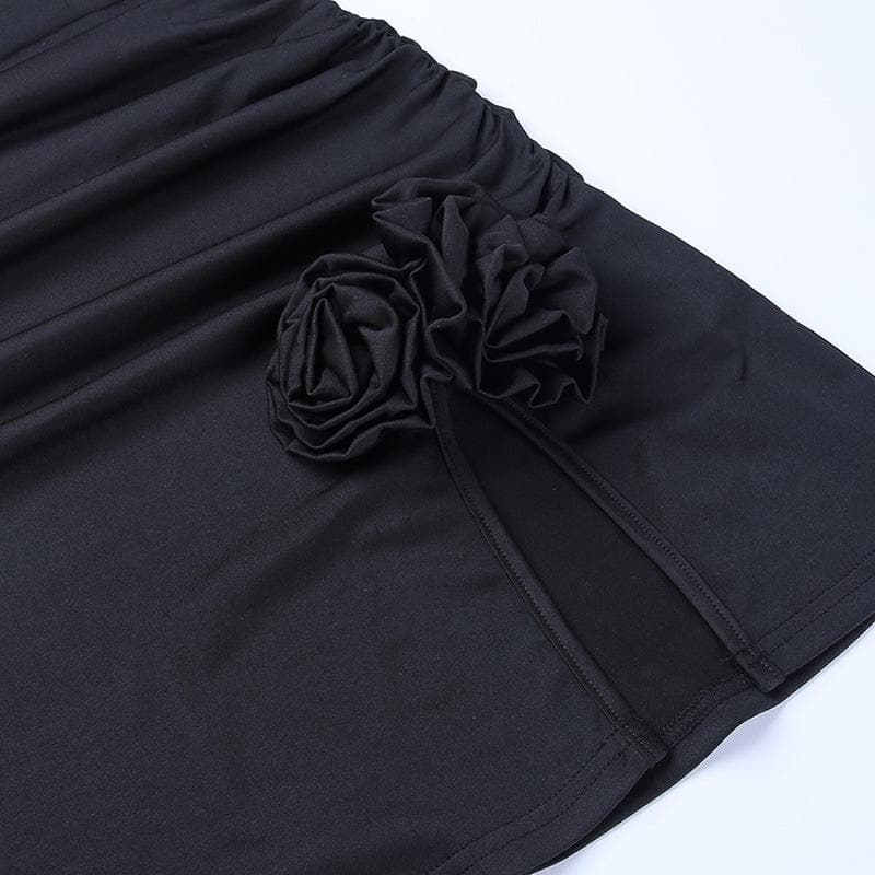 Halter Flower Applique Keyhole Ruched Side Slit Mini Dress 7