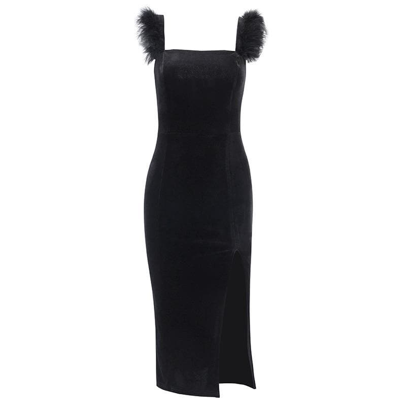 Square Neck Faux Fur Strap Side Slit Velvet Zip Up Midi Dress