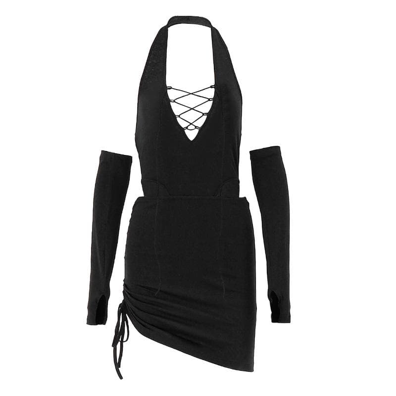 Halter Lace Up Chest Drawstring Side Ruched Arm Warmer Mini Dress Set