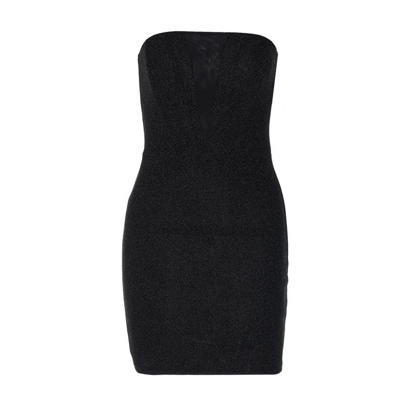Strapless Deep V Mesh Insert Glitter Bodycon Mini Dress