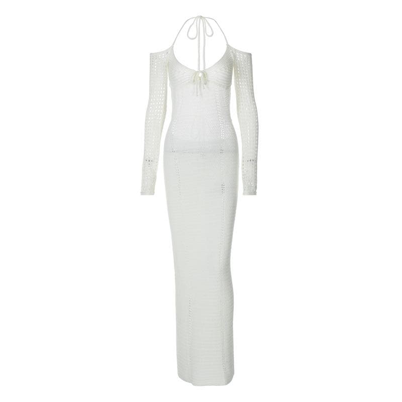 Crochet Knit Cold Shoulder Long Sleeve Halter Keyhole Backless Maxi Dress