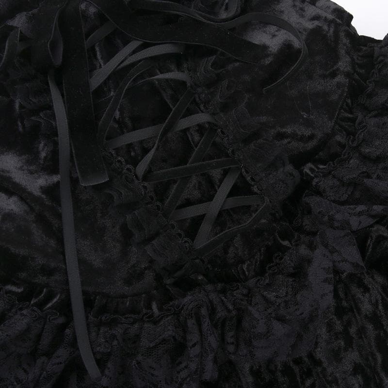 Sleeveless Velvet Lace Hem Ruffle Lace-Up Mini Dress 5