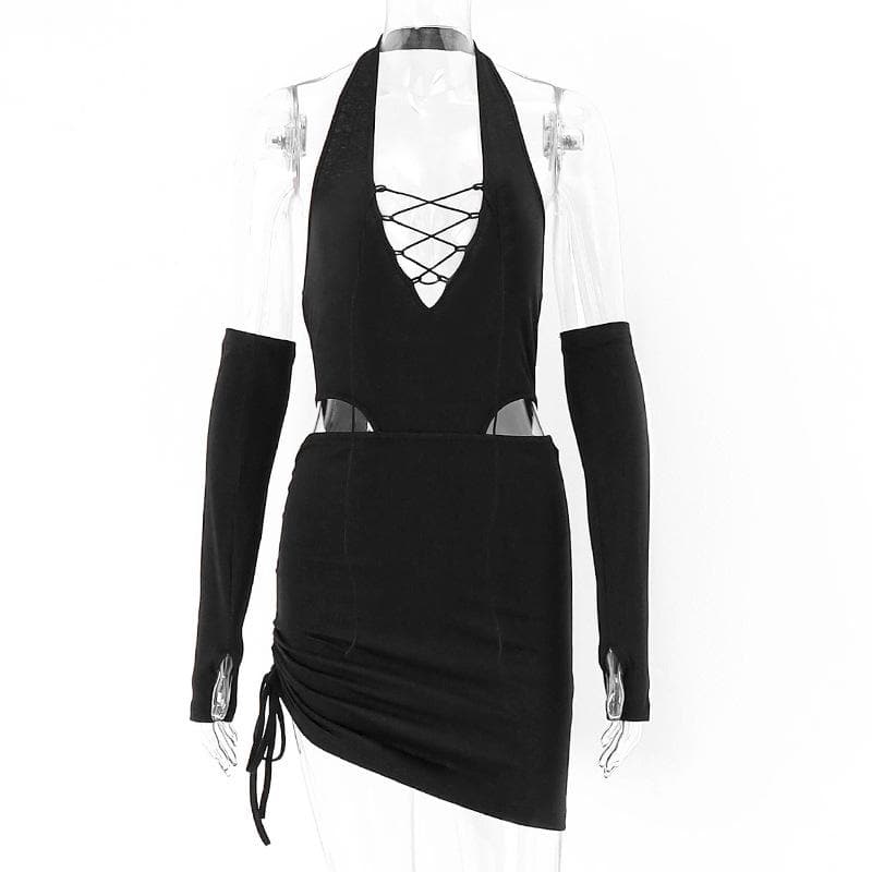 Halter Lace Up Chest Drawstring Side Ruched Arm Warmer Mini Dress Set 2