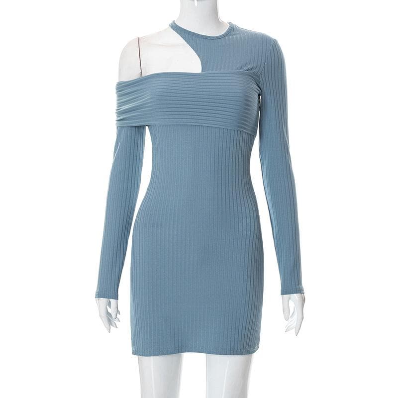 Asymmetrical Cutout Rib Knit Off Shoulder Long Sleeve Mini Dress 3