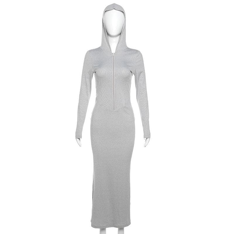 Hooded Zip Front Ribbed Panel Bodycon Maxi Dress 3