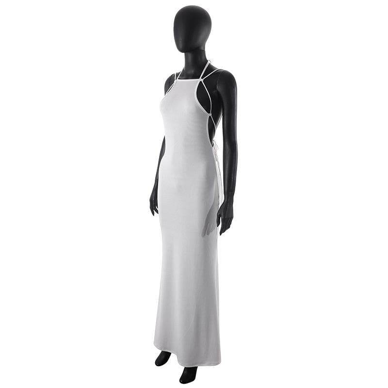 Ribbed Halter Crisscross Strap Backless Sleeveless Bodycon Maxi Dress 8