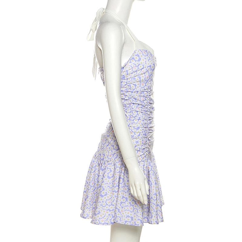 Halter Sweetheart Neck Ruched Ditsy Floral Ruffle Skirt Mini Dress 3