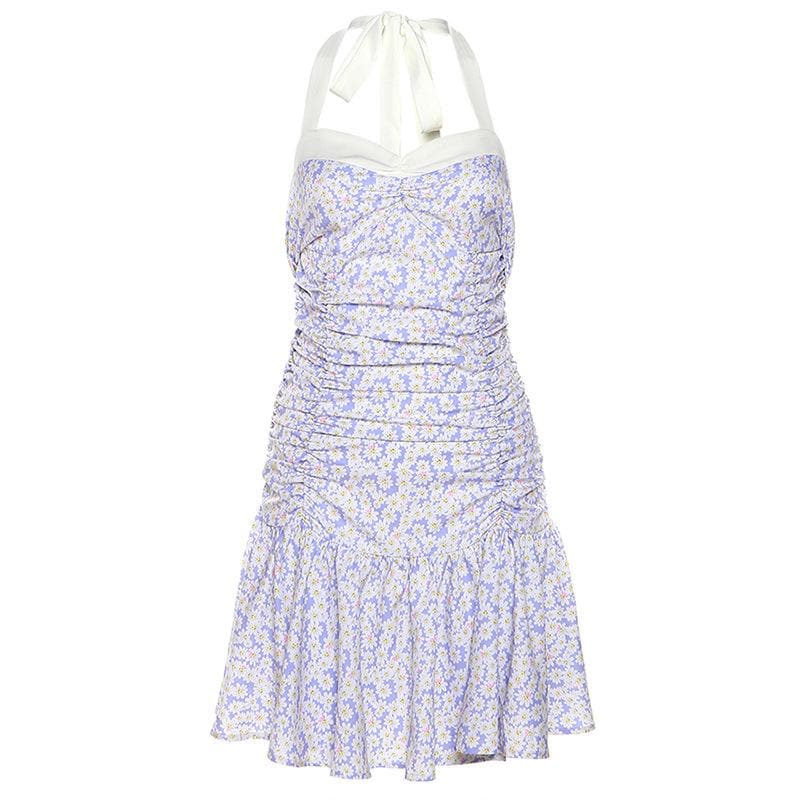Halter Sweetheart Neck Ruched Ditsy Floral Ruffle Skirt Mini Dress 2