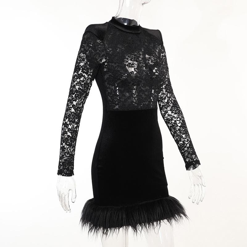 Mock Neck Floral Lace Long Sleeve Velvet Skirt Feather Trim Mini Dress 8
