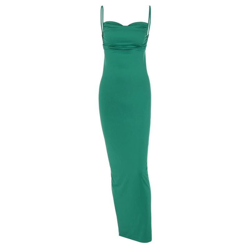 Spaghetti Strap Plunging Backless Ruched Bodycon Maxi Dress 3