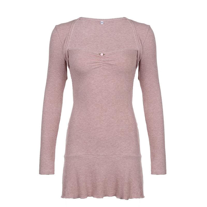 Sweetheart Neck Ribbed Knit Ruffle Shrug Long Sleeve Tube Mini Dress 2