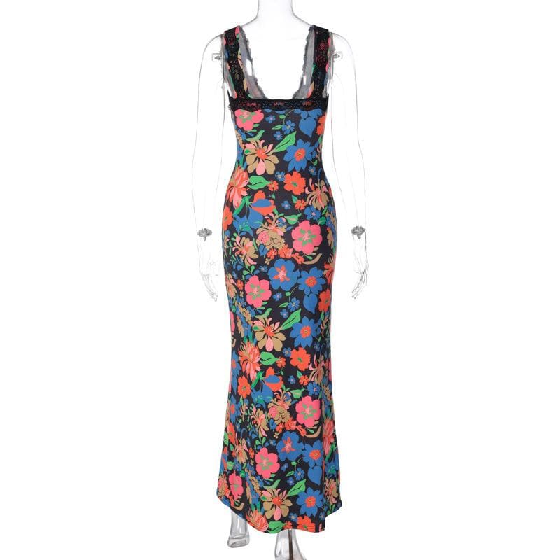 Lace Trim Tie Front Plunge V Neck Floral Maxi Dress 4
