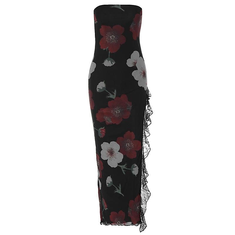 Floral Print Strapless Tube Neck Lace Trim Thigh Slit Maxi Dress 2