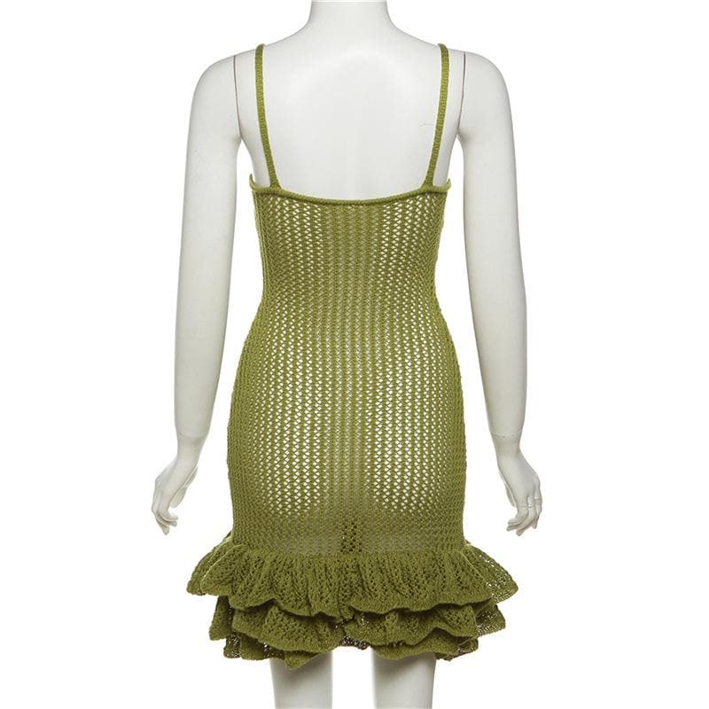 Spaghetti Strap V-Neck Crochet Pointelle Ruffle Lettuce Hem Mini Dress 5