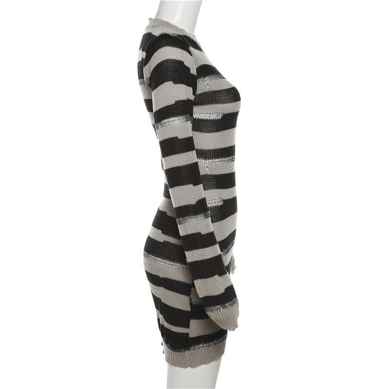 Crew Neck Distressed Open Knit Glitch Stripe Rib Knit Mini Dress 4