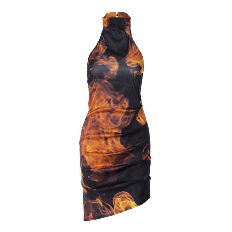 Halter Flame Print Side Ruched Asymmetric Hem Mini Dress
