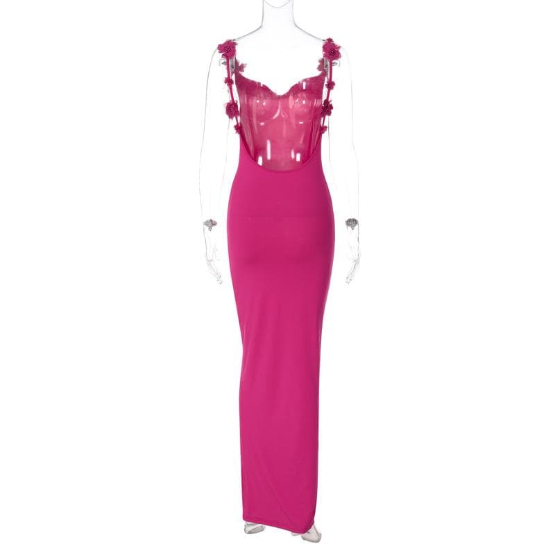 Spaghetti Strap Rosette Applique Open Back Bodycon Maxi Dress 5