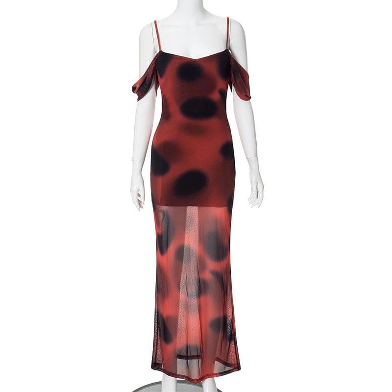 Off Shoulder Spaghetti Strap Blurred Dot Print Sheer Mesh Maxi Dress 2
