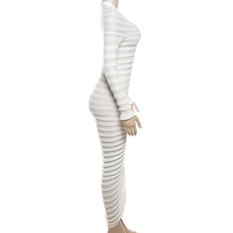 Mock Neck Long Sleeve Horizontal Ruched Rib Knit Bodycon Midi Dress 3