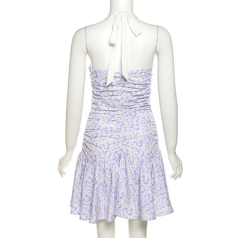 Halter Sweetheart Neck Ruched Ditsy Floral Ruffle Skirt Mini Dress 4