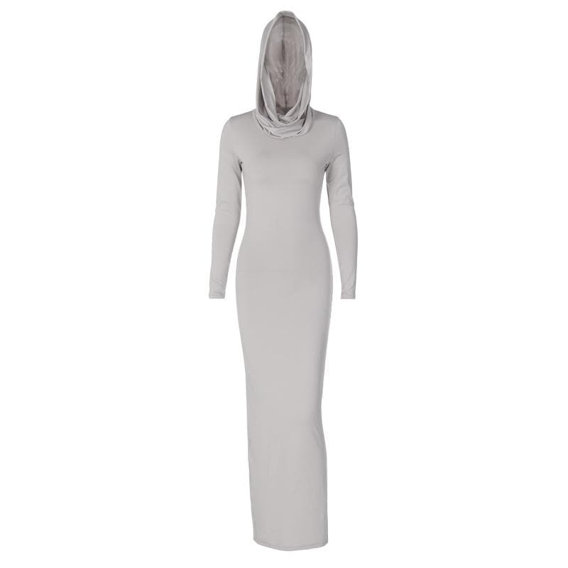 Hooded Long Sleeve Cowl Neck Side Slit Bodycon Maxi Dress 3