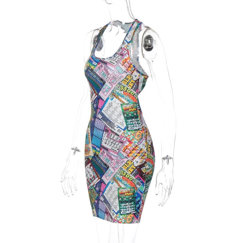 Lottery Ticket Print Scoop Neck Sleeveless Bodycon Mini Dress 3