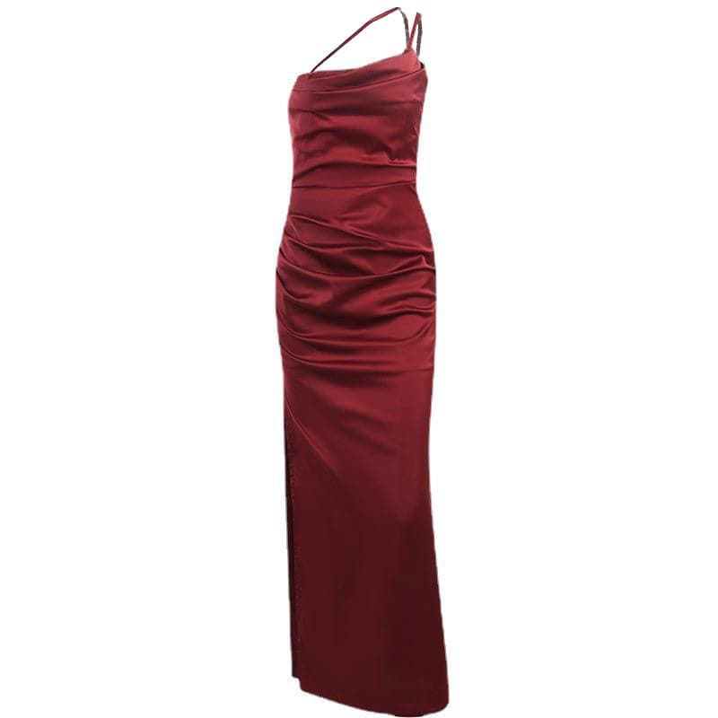 One-Shoulder Double Strap Ruched Satin Side Slit Maxi Gown