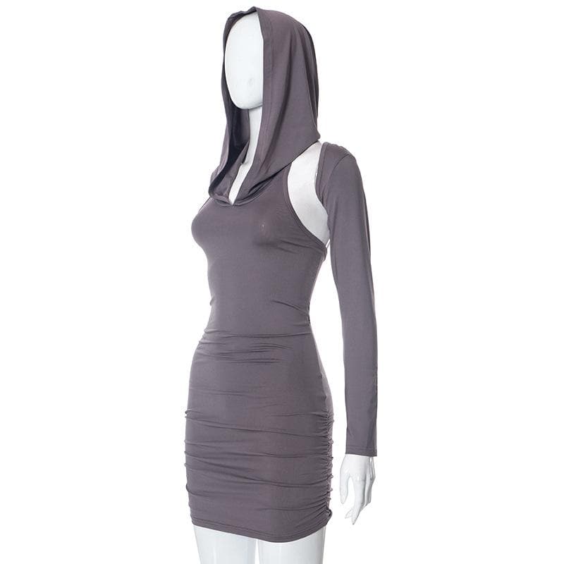 Hooded Cold Shoulder Ruched Long Sleeve Bodycon Mini Dress 4