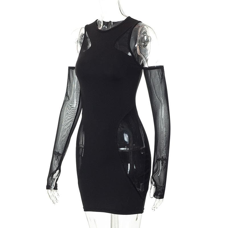 Crew Neck Mesh Panel Cutout Detached Glove Sleeve Mini Dress 3