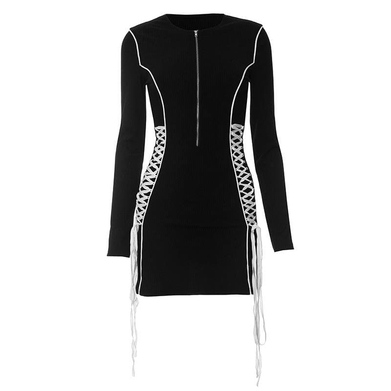 Ribbed Knit Half Zip Lace Up Side Corset Mini Dress