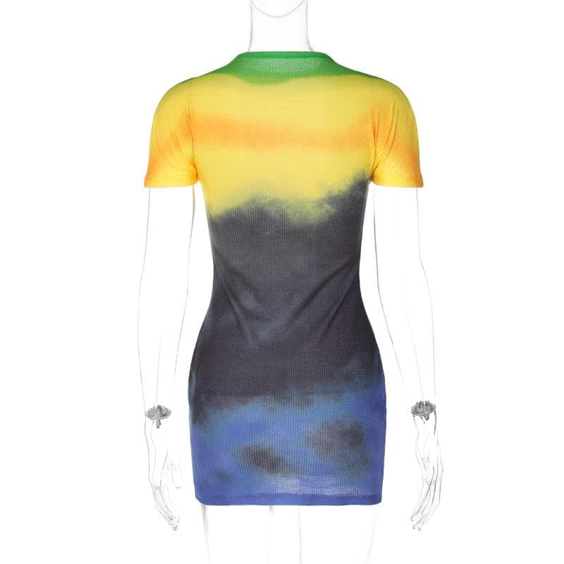 Ribbed Knit Tie Dye Gradient Mock Neck Short Sleeve Mini Dress 5