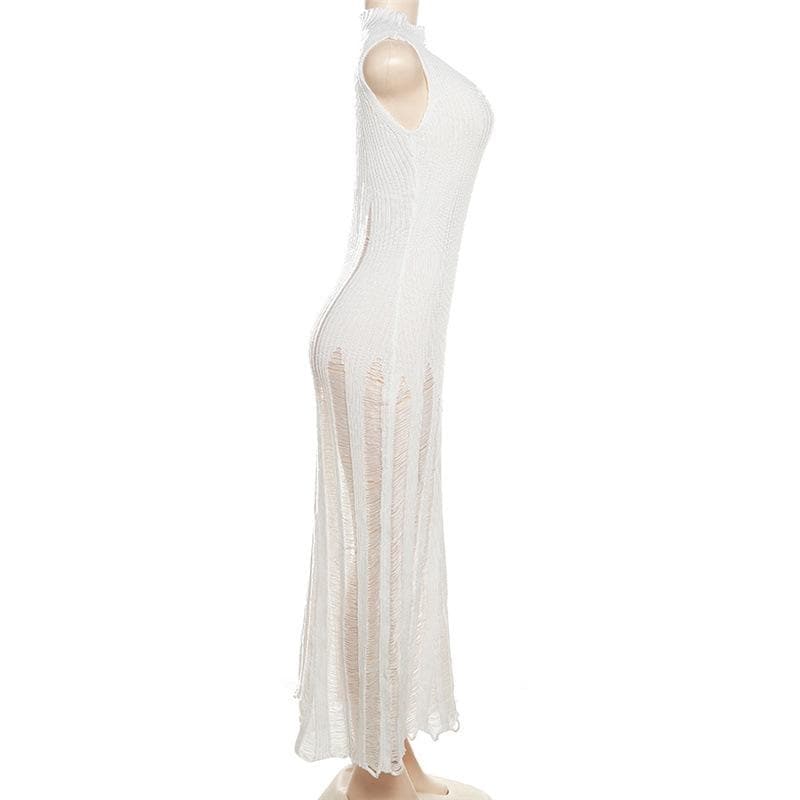 Sleeveless Mock Neck Ribbed Knit Distressed Ladder Hem Maxi Dress 4